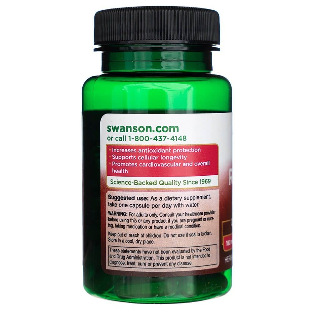 Achterkant van een fles Swanson Resveratrol Complex met productvoordelen en kwaliteitsinformatie.
