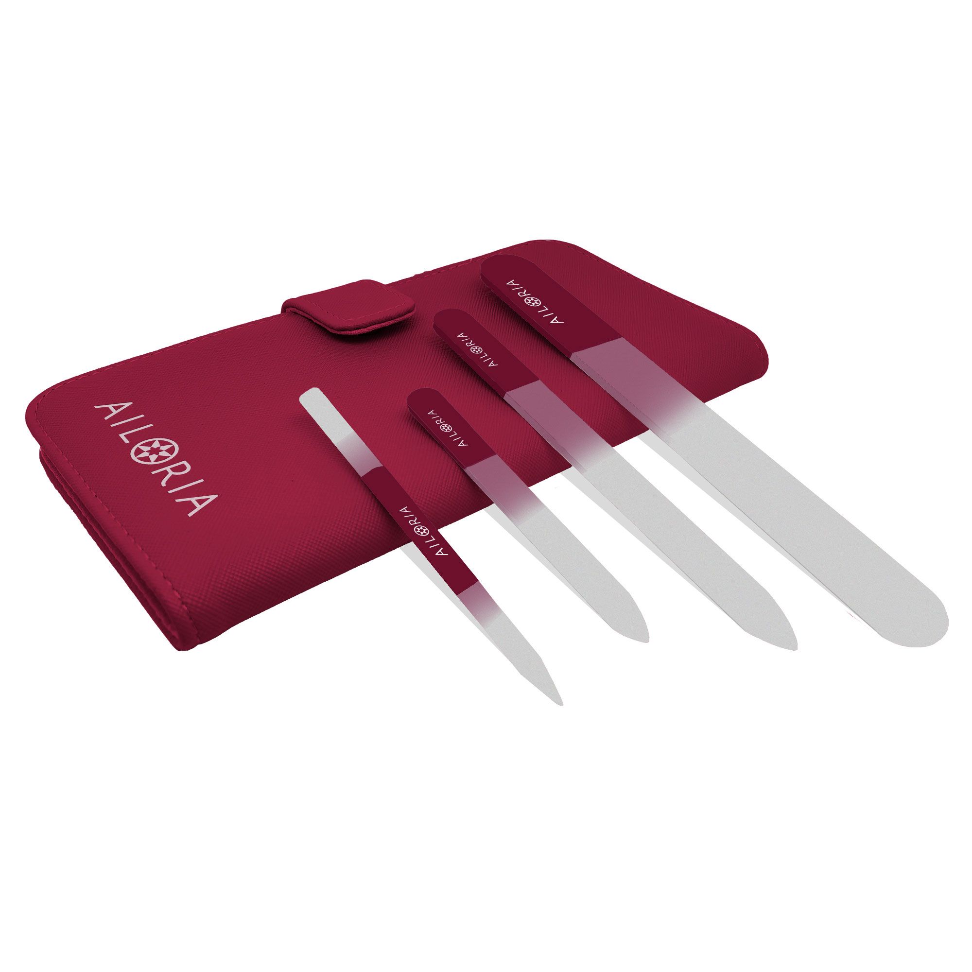 Ensemble de limes à ongles avec étui bordeaux. Les limes ont des poignées bordeaux avec le nom de la marque AILORIA.