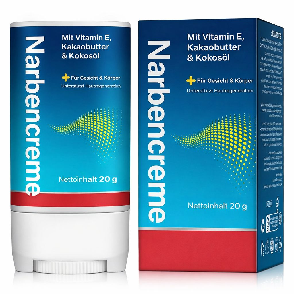 Productverpakking: "Narbencrème" stick en doos. Bevat vitamine E, cacaoboter & kokosolie. Voor gezicht & lichaam. Netto 20 g.
