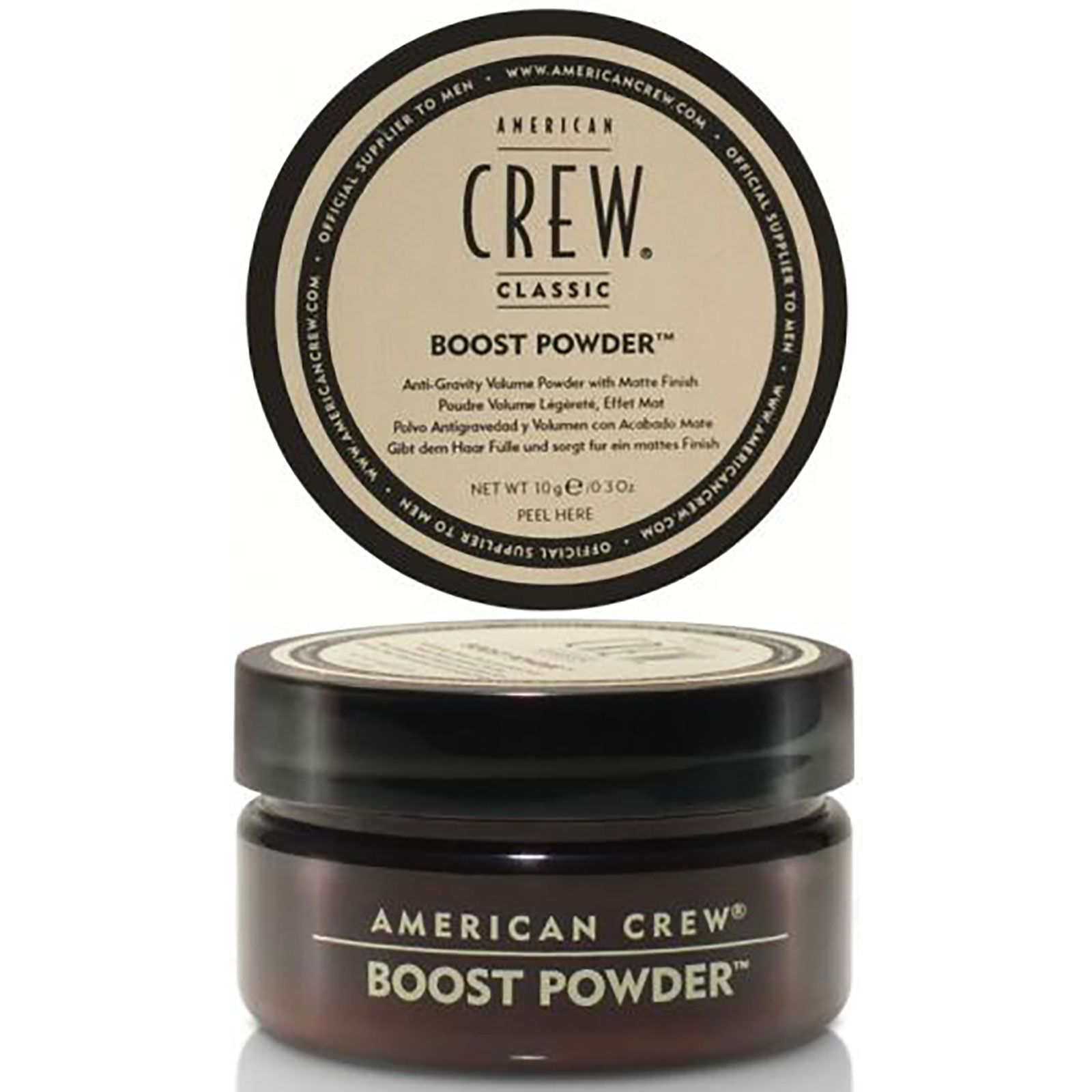 American Crew Boost Powder, potje en open deksel met etiket.