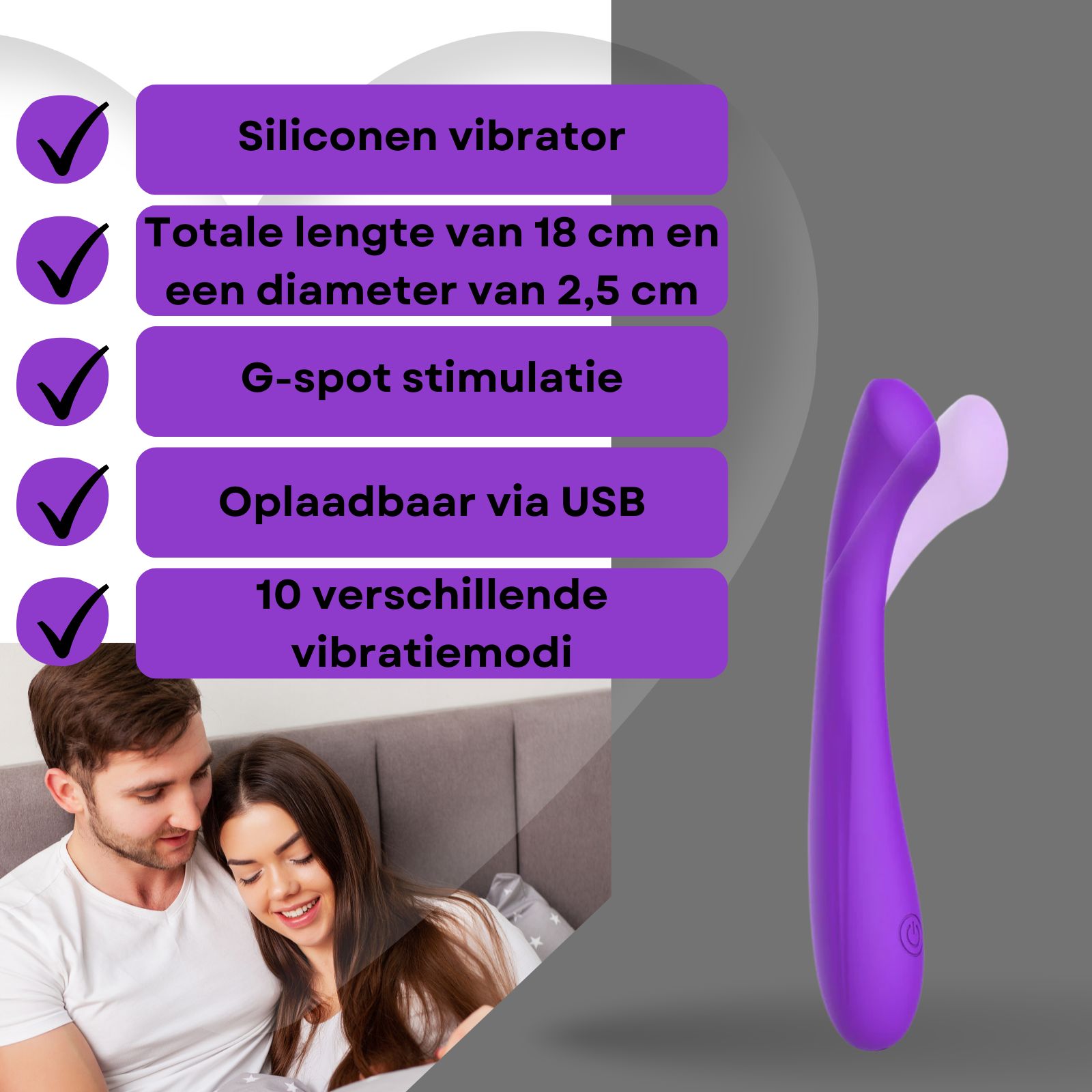 Paarse vibrator. Tekst met kenmerken: siliconen, 18cm lang, 2,5cm diameter, G-spot, USB, 10 standen.