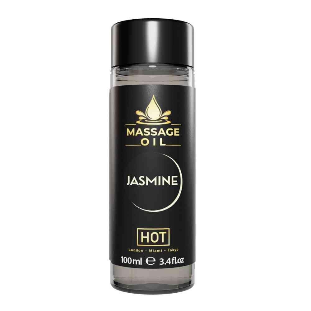 Massageolie fles. Zwarte dop, transparante fles met etiket. Tekst: Massage Oil Jasmine HOT.