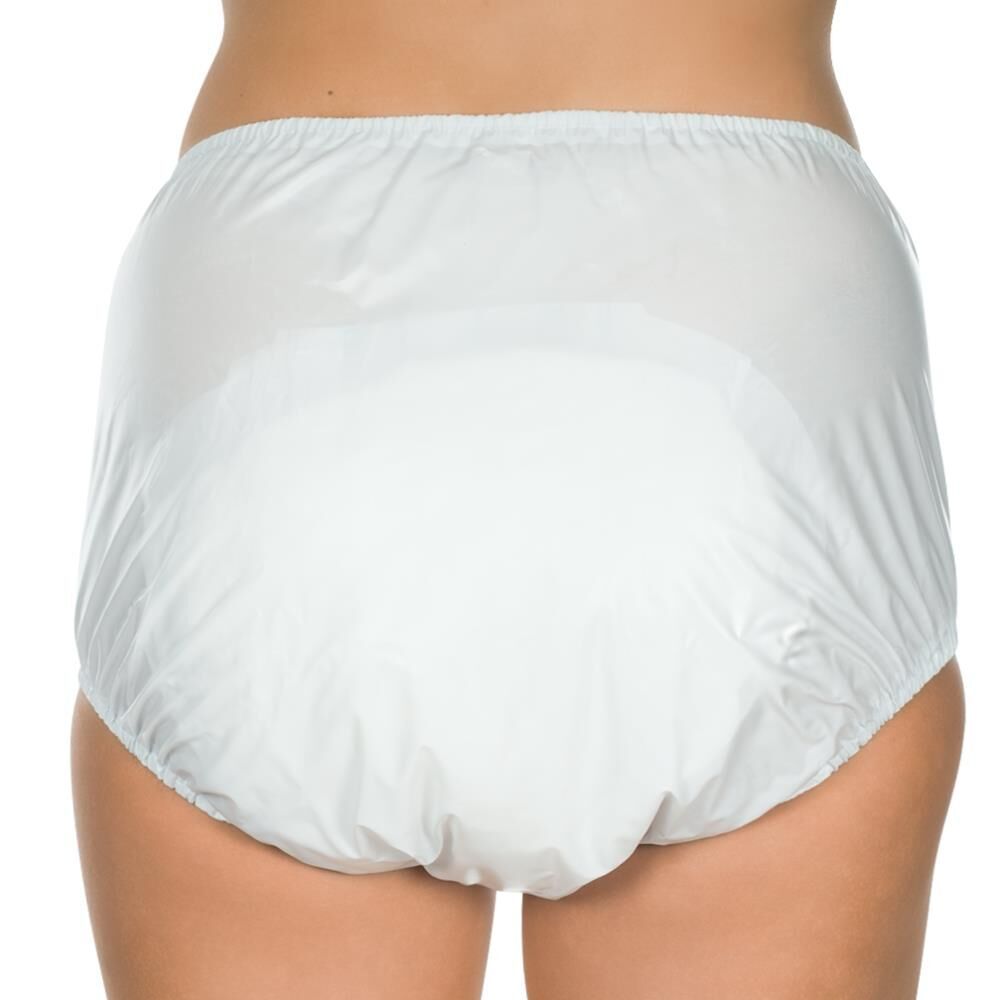 Vue arrière d'un slip d'incontinence blanc en PVC. Taille et jambes élastiquées.