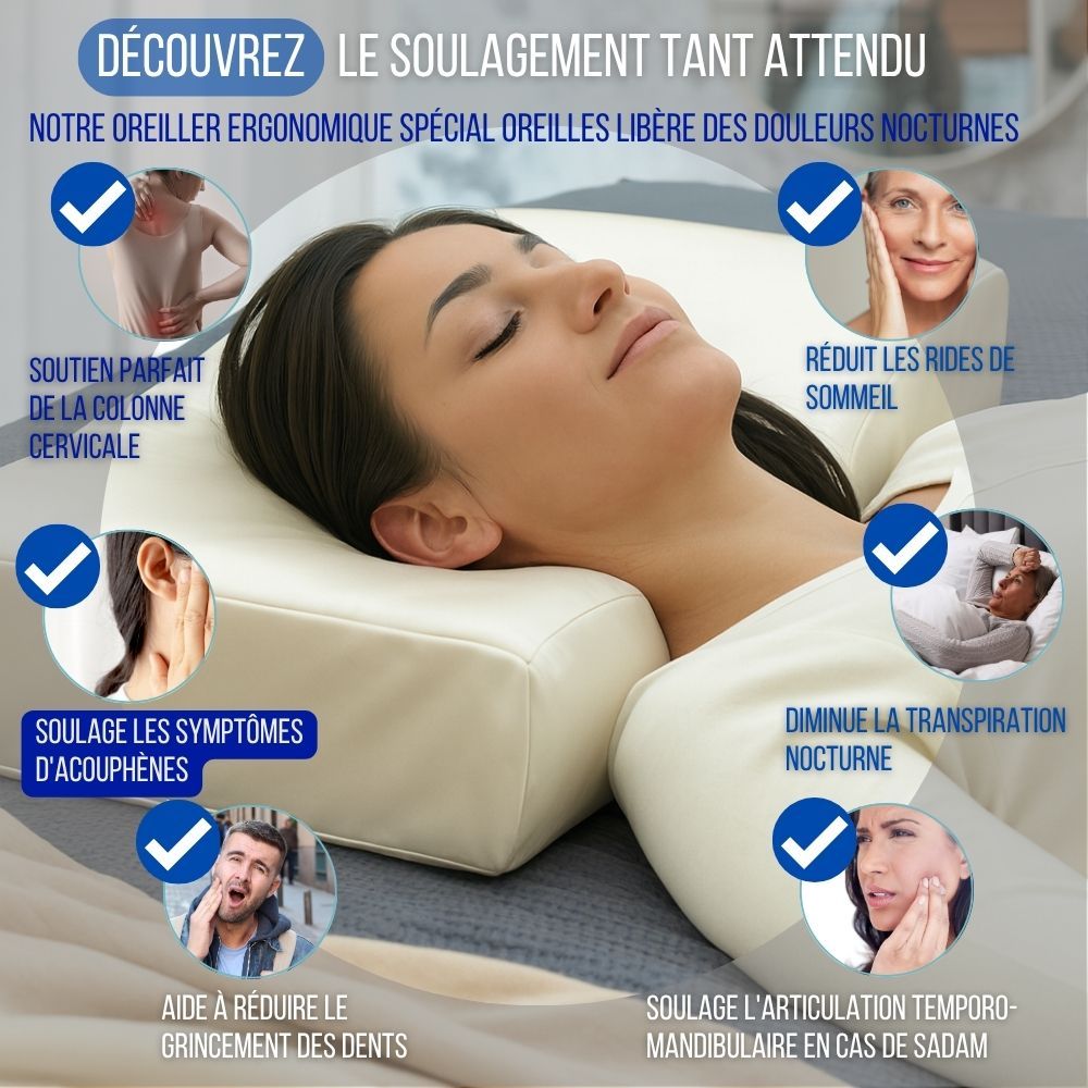 Femme allongée sur un coussin ergonomique. Texte et icônes. Texte: Découvrez le coussin ergonomique.