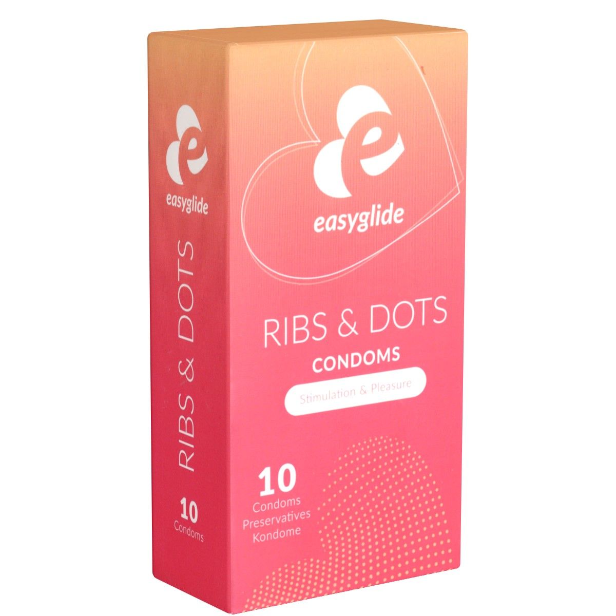 Boîte de préservatifs easyglide Ribs & Dots, 10 unités. Emballage rose et orange avec motif cœur. Inscription en blanc.