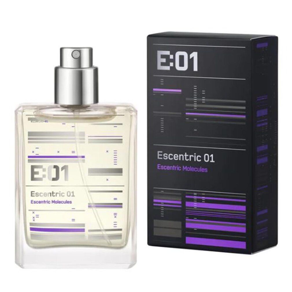 Flesje en verpakking. Opschrift: E:01, Escentric 01, Escentric Molecules. Zwarte verpakking met paarse strepen.