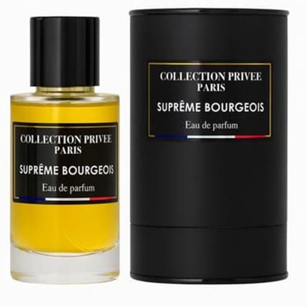 Parfumfles en zwarte cilindrische verpakking. Label met tekst: Collection Privée Paris, Suprême Bourgeois, Eau de parfum. Franse vlag.