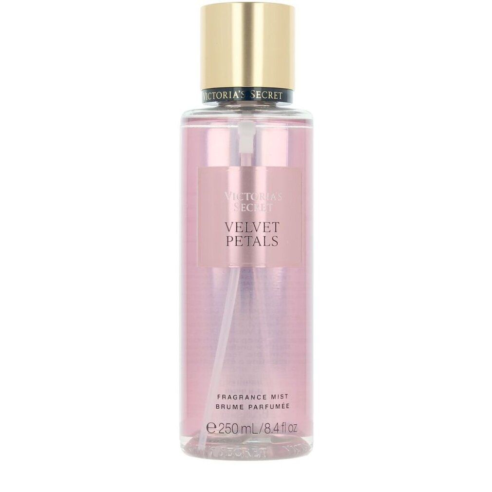 Body mist fles, Victoria's Secret Velvet Petals. Roze vloeistof, spraykop, gouden dop.