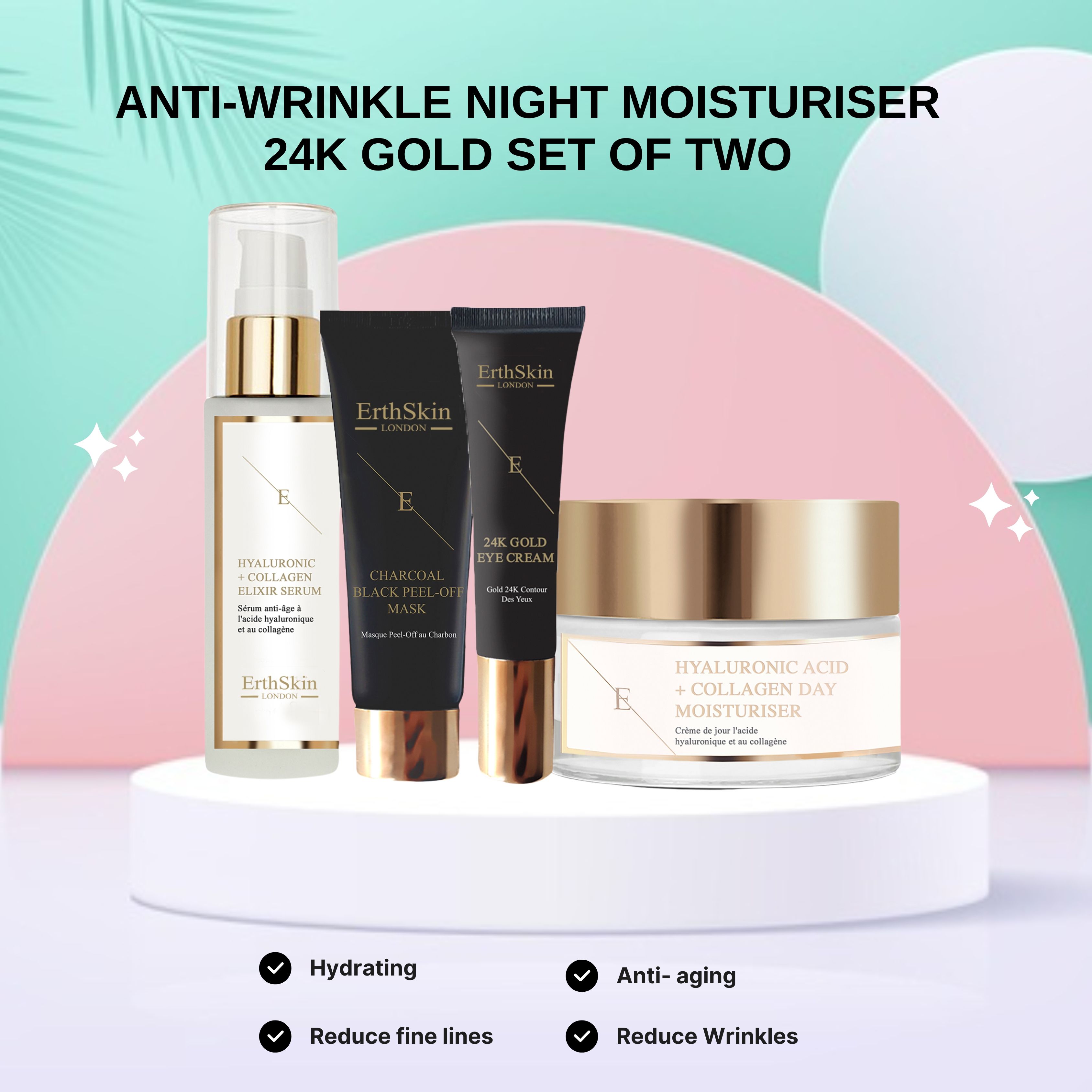Ensemble cosmétique avec sérum, masque, crème pour les yeux et crème de jour. Emballages noirs et dorés. Texte : ErthSkin London. Sur socle.