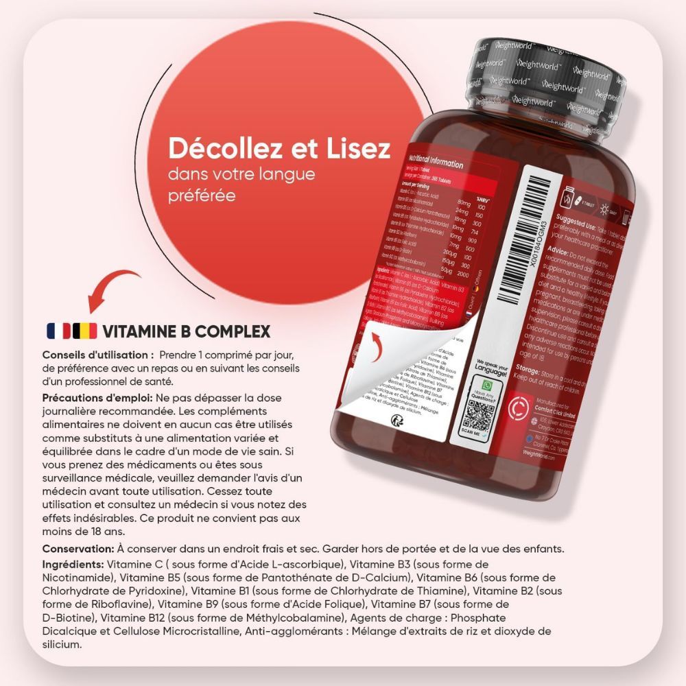 Flacon de Vitamine B Complexe avec étiquette. Texte : Mode d'emploi en français. Informations nutritionnelles.