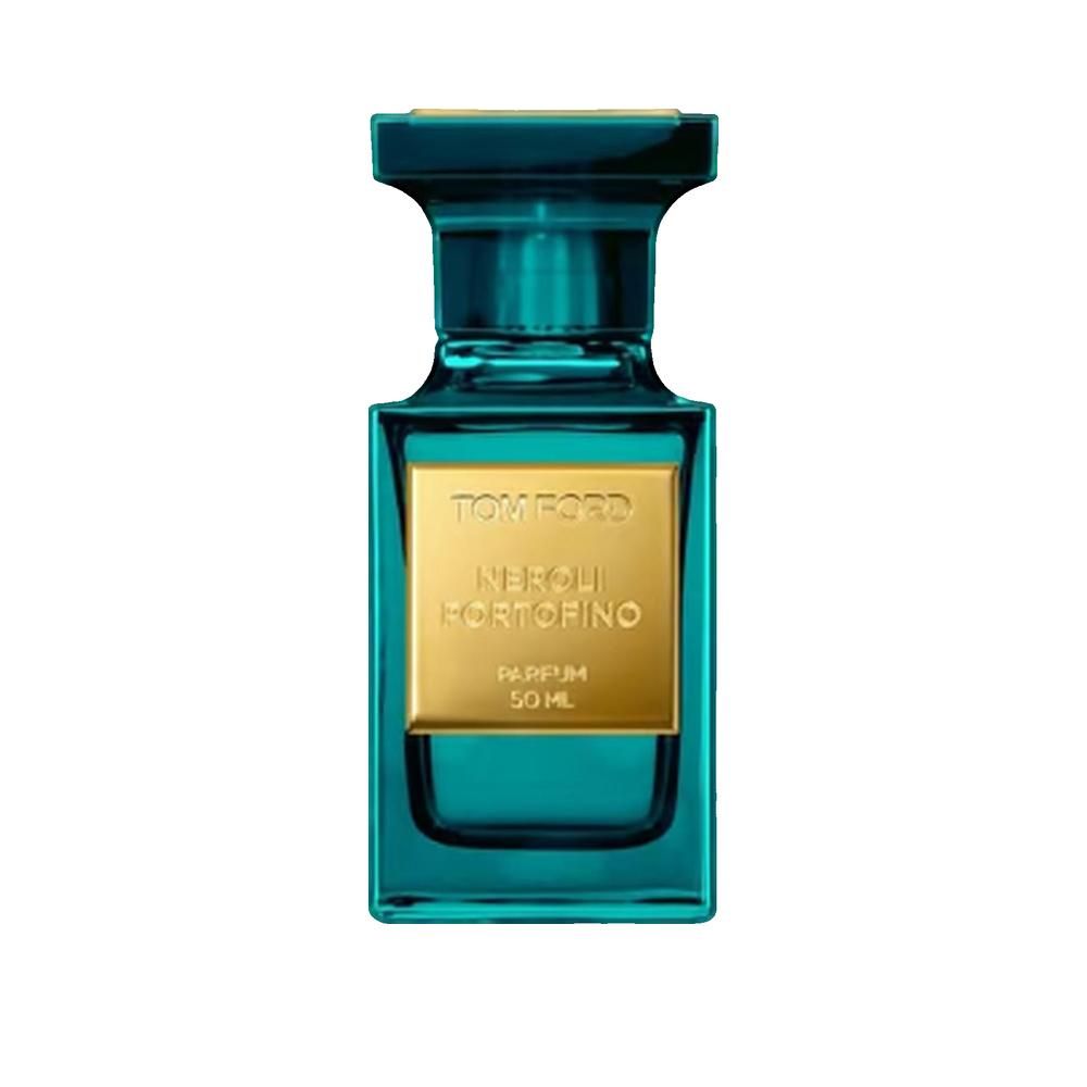 Turquoise fles met gouden etiket. Opschrift: Tom Ford Neroli Portofino Parfum. Inhoud: 50 ml.