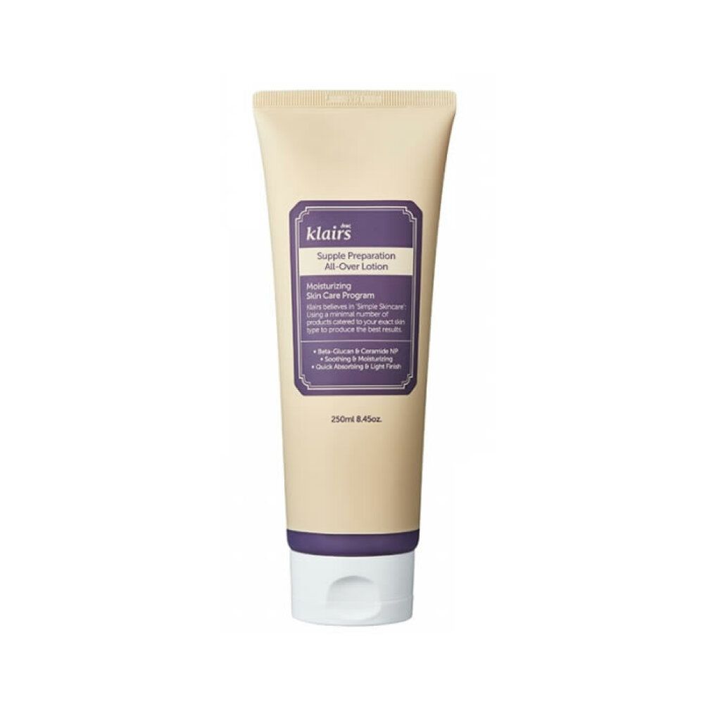 Tube beige avec étiquette bleue. Inscription : klairs, Supple Preparation All-Over Lotion. 250ml.