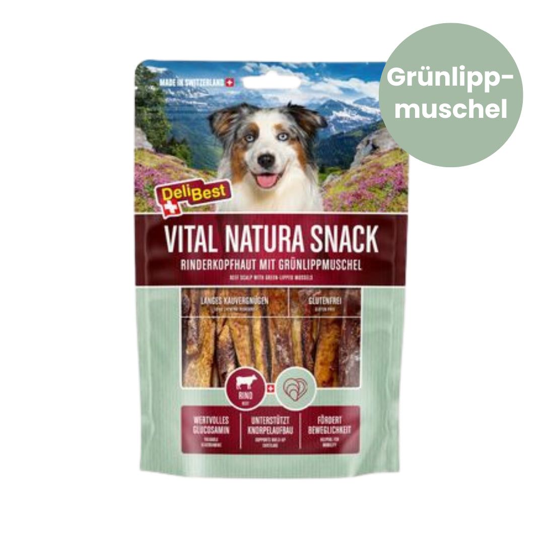 Emballage DeliBest Vital Natura Snack. Peau de boeuf avec moule aux orles verts. Photo de chien. Texte: Vital Natura Snack, sans gluten.