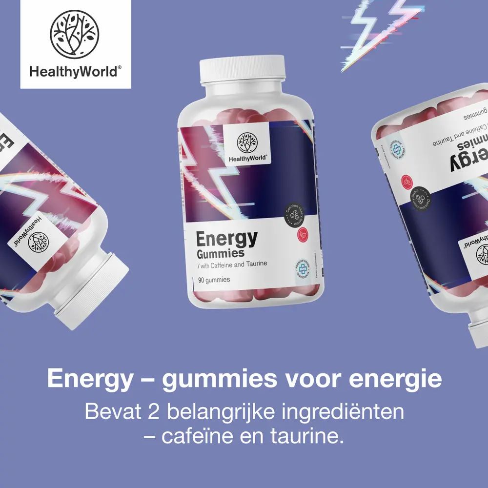Drie flessen energie-gummies, rood, met cafeïne en taurine. Bliksemdesign.