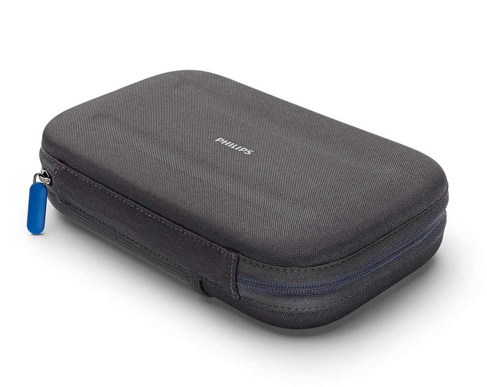 Étui de voyage gris foncé, rectangulaire, avec fermeture éclair et tirette bleue. Le mot « PHILIPS » est écrit en blanc sur le dessus.