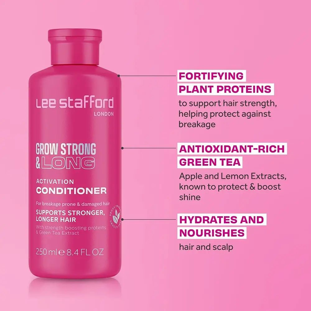 Roze fles met tekst. Tekst: Grow Strong & Long Conditioner. 250 ml. Merk: Lee Stafford. Extra tekst.