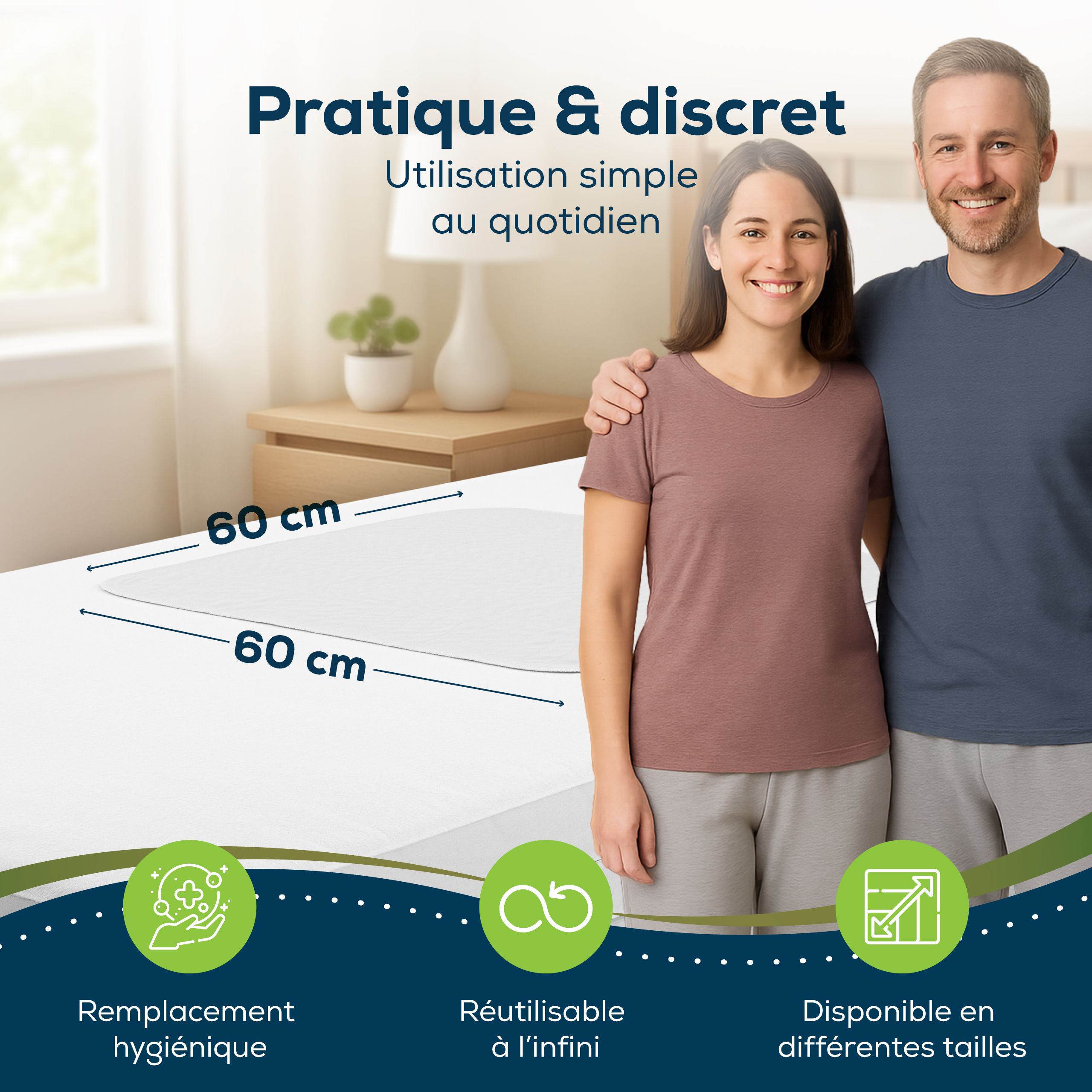 Alèse sur lit. Dimensions : 60x60 cm. Hygiénique, réutilisable. Disponible en différentes tailles.