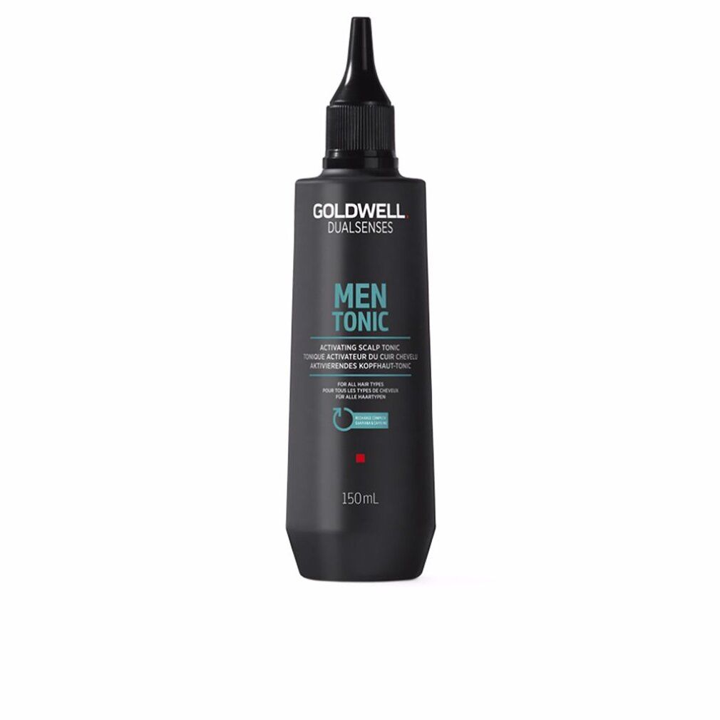 Flacon noir avec applicateur noir. Goldwell Dualsenses Men Tonic. Texte: Activating Scalp Tonic. 150ml.