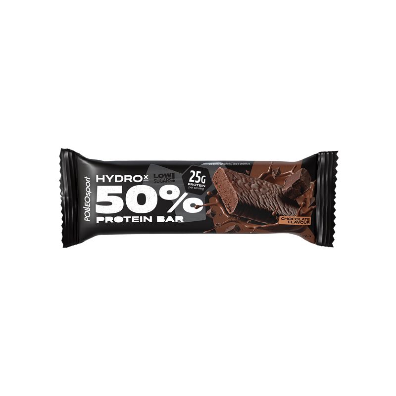 Eiwitreep in zwarte verpakking. Opschrift: Hydrox 50% Protein Bar, 25g eiwit, chocoladesmaak. Merk: PolleoSport.