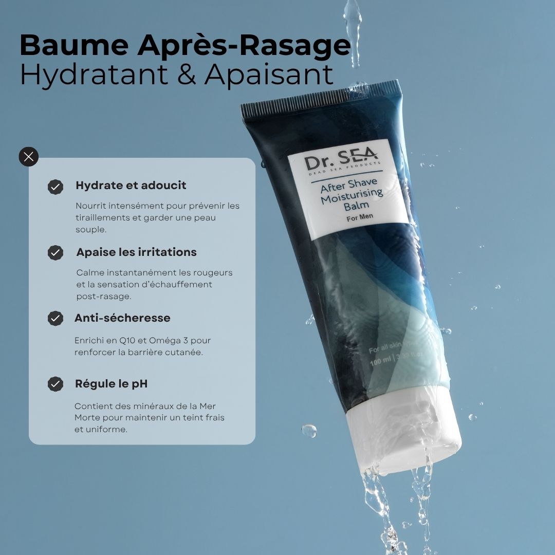 Tube de baume après-rasage. Texte : Hydratant, apaisant, anti-sécheresse, régulation du pH.