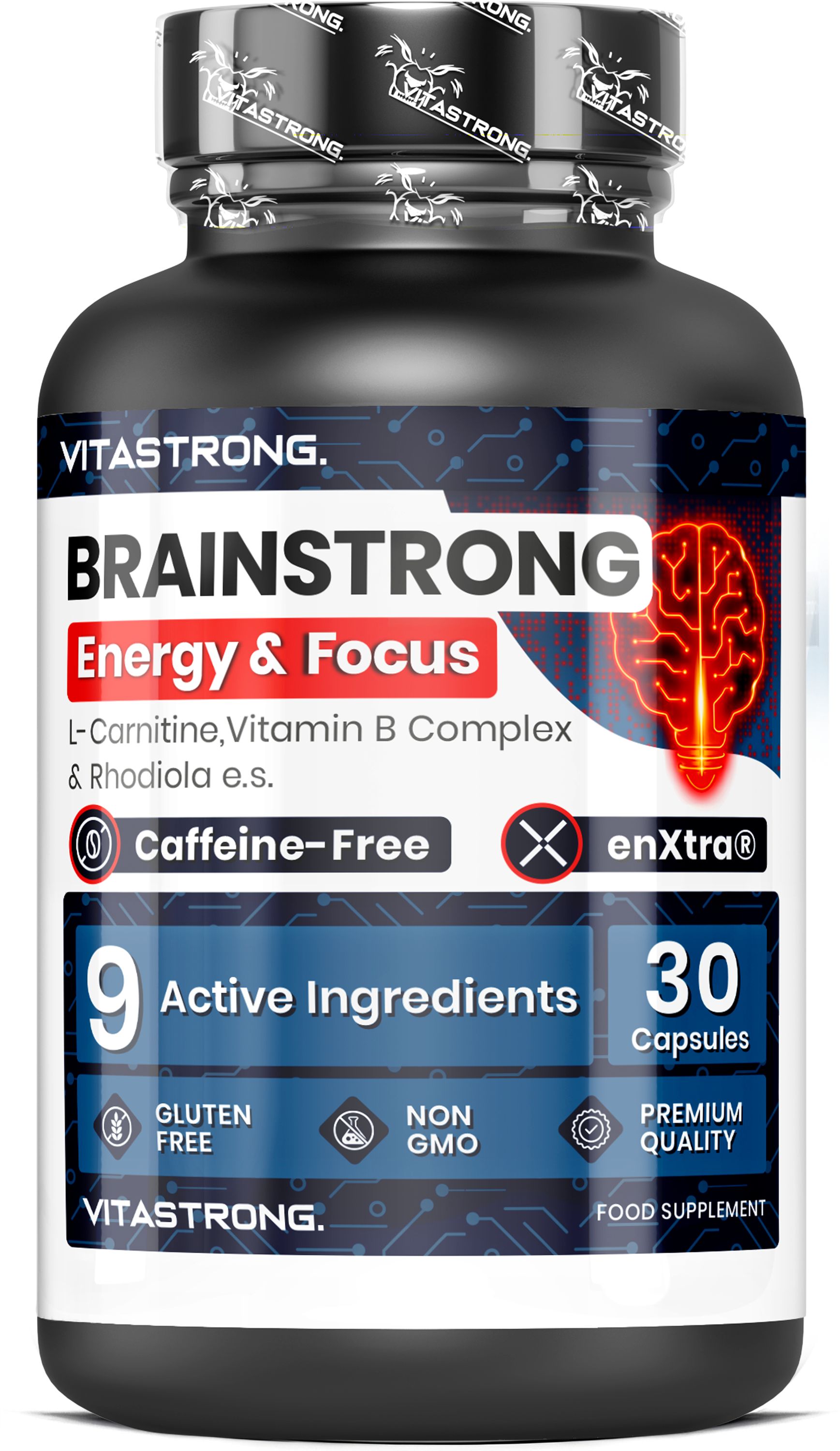 Vitastrong Brainstrong capsuleverpakking gericht op energie en focus.