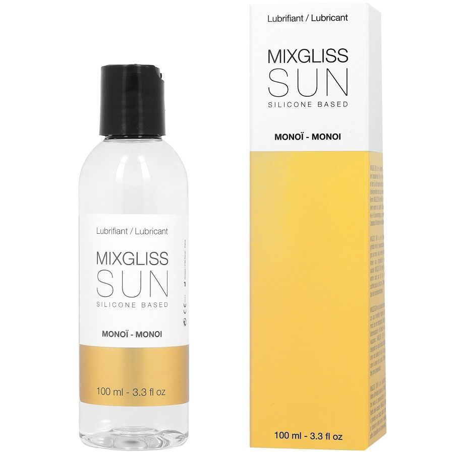 Mixgliss Sun Lubrifiant à base de silicone, parfum Monoi, flacon et emballage de 100 ml.