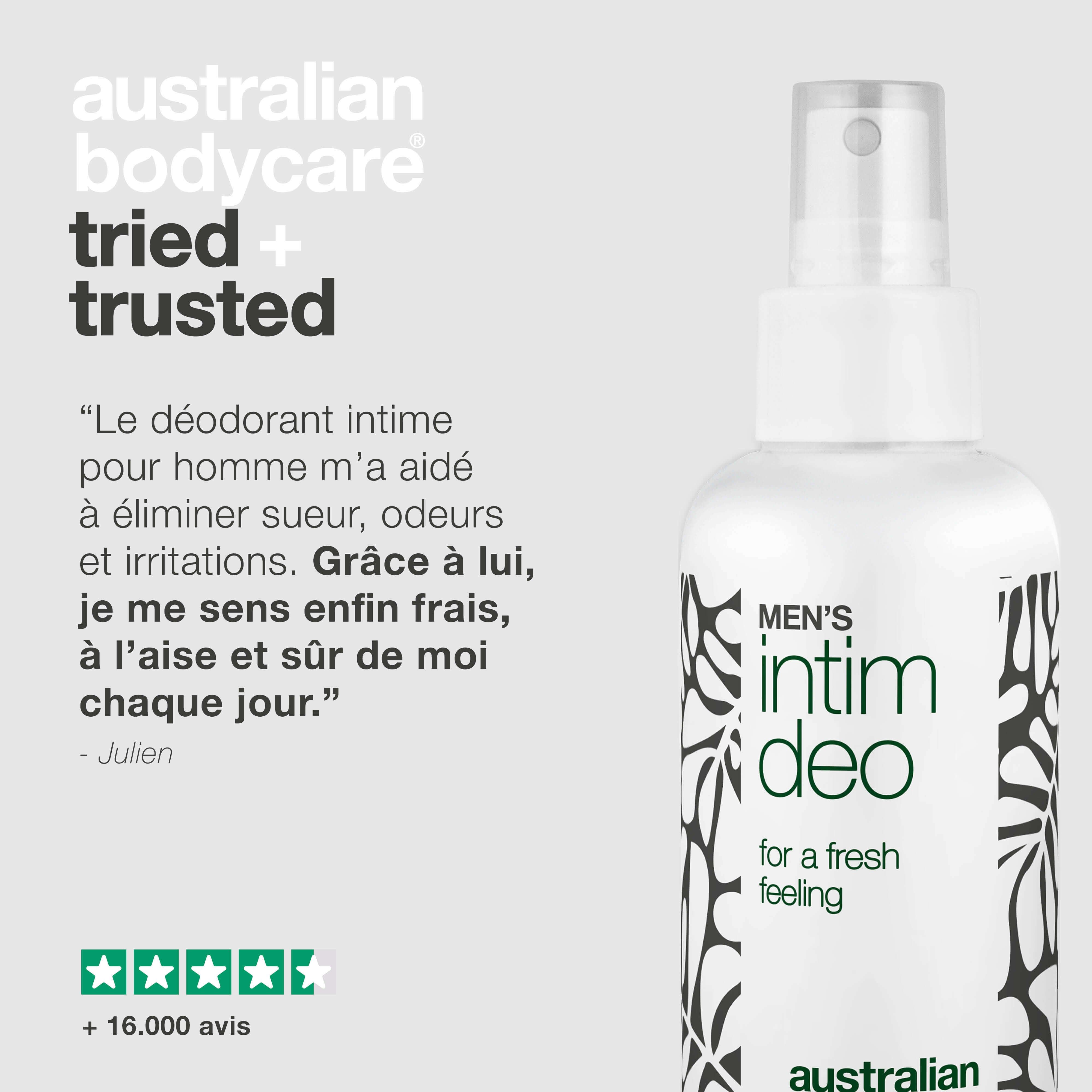 Spray déodorant intime. Citation : Aide contre la sueur, les odeurs et les irritations. Sensation de fraîcheur. +16 000 avis. Australian Bodycare.