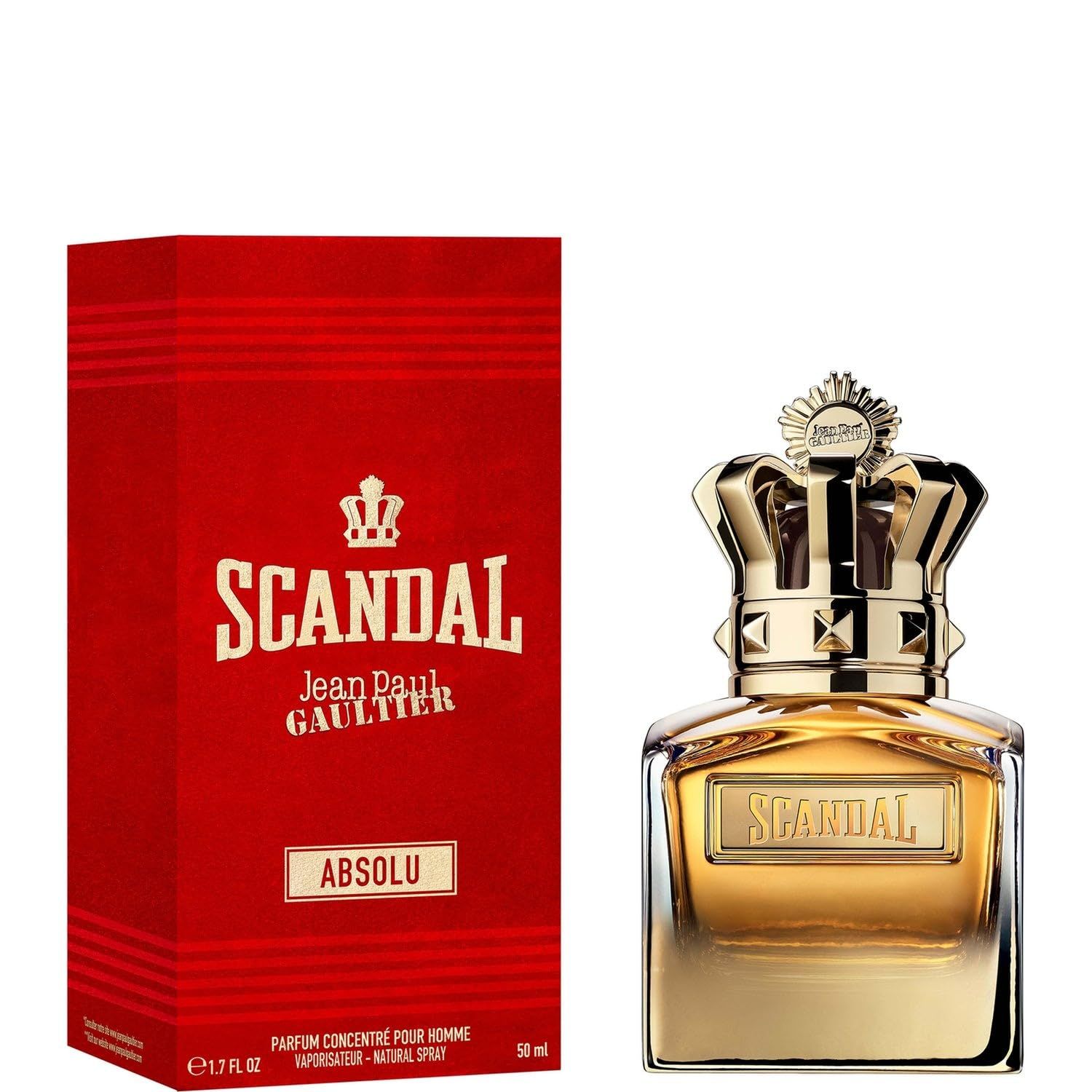 Flacon de parfum avec couronne dorée et boîte rouge. Inscription: Scandal Absolu. 50 ml.