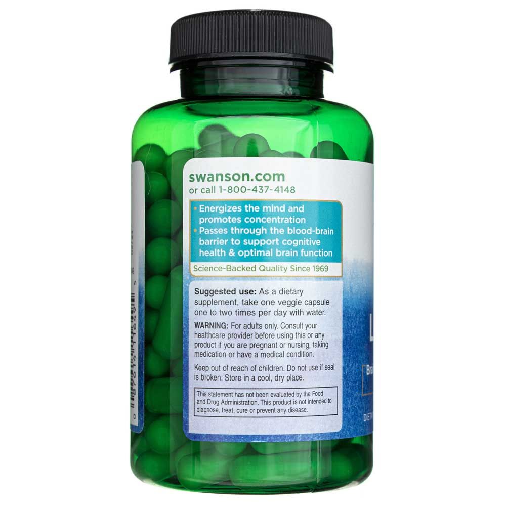 Arrière d'une bouteille de Swanson Acetyl L-Carnitine avec instructions d'utilisation et promesse de qualité.