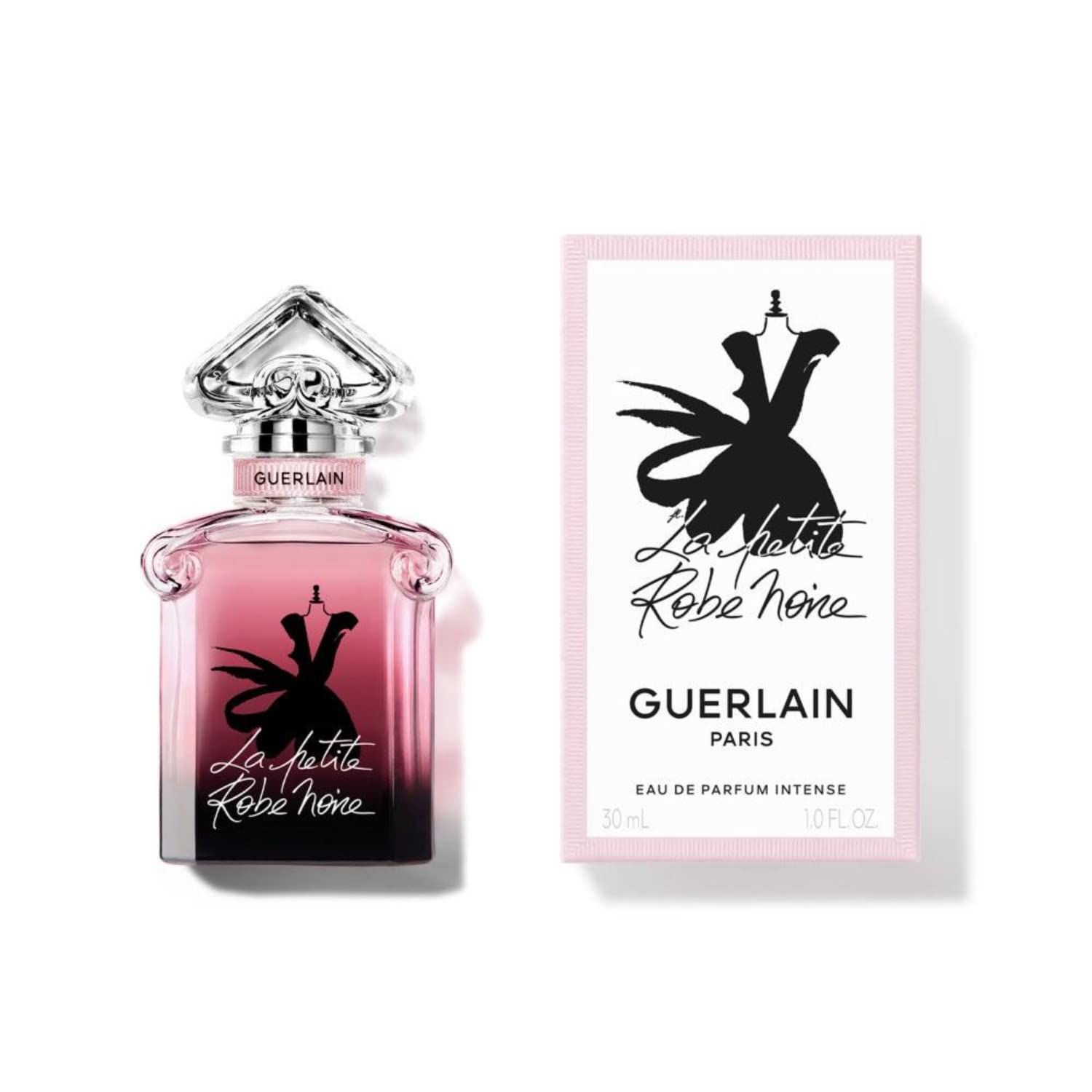 Fles en verpakking. Roze fles. Zwarte tekening van een jurk. Opschrift: La petite Robe noire. Guerlain.