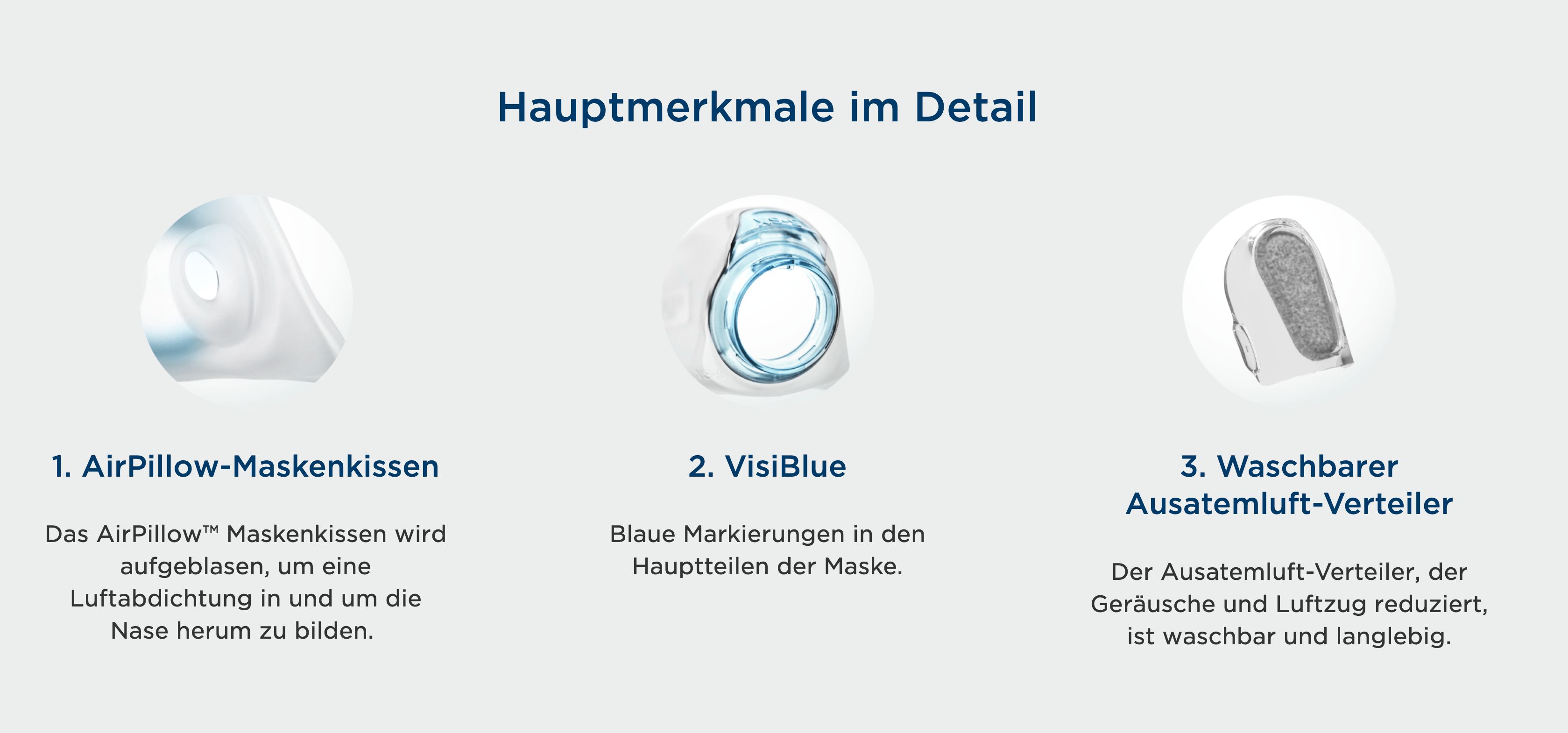 Details CPAP neusmasker: AirPillow kussen, VisiBlue markeringen, wasbaar uitademfilter.