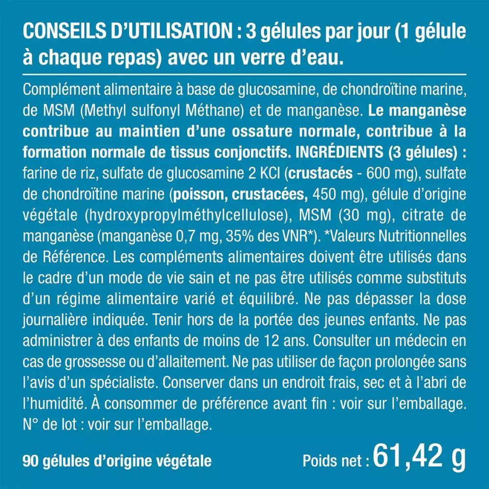 Texte : Conseils d'utilisation. 3 gélules par jour avec de l'eau. Ingrédients : Glucosamine, Chondroïtine, MSM, Manganèse. 90 gélules.