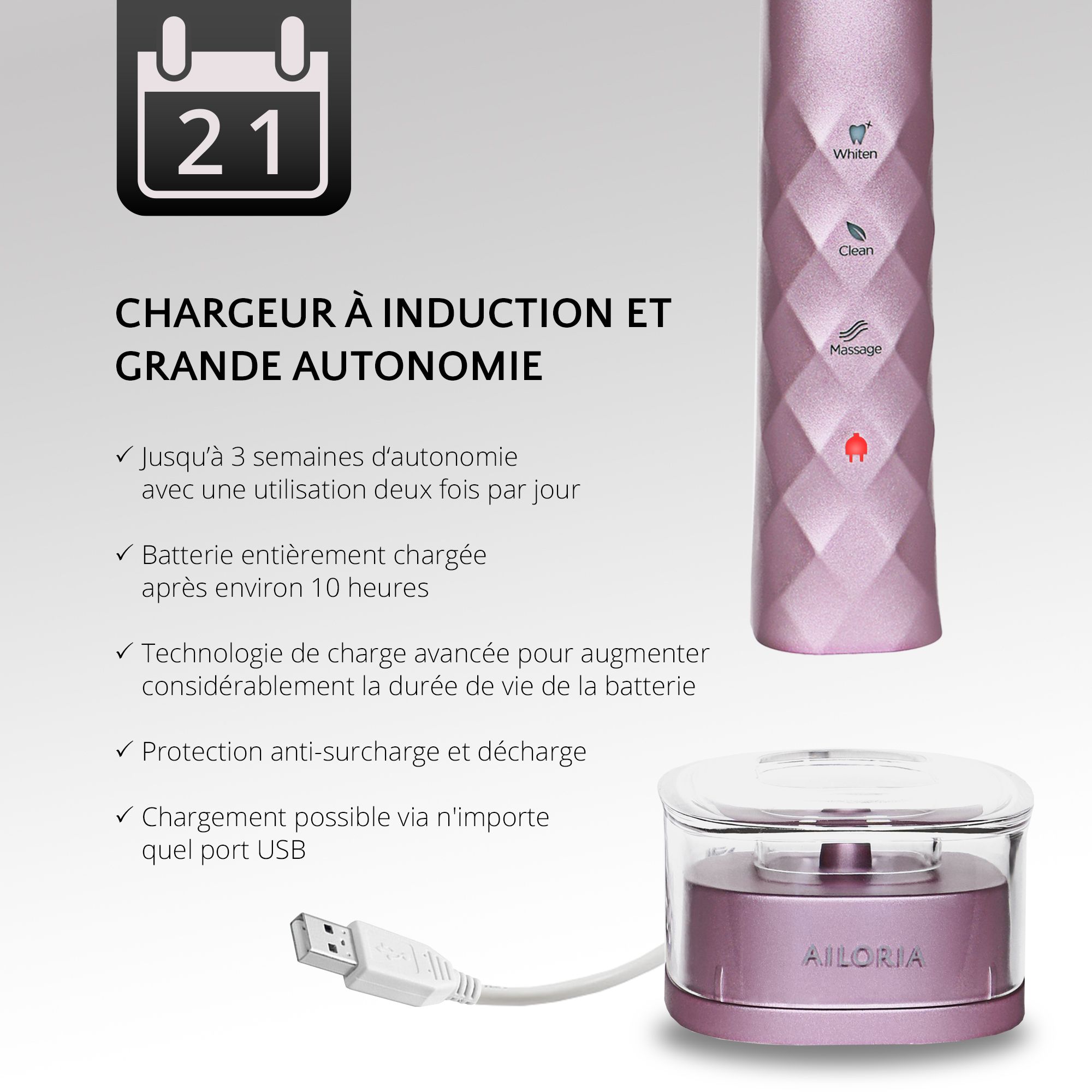 Brosse à dents avec station de charge. Charge inductive, longue durée de vie. Port USB. Logo AILORIA.