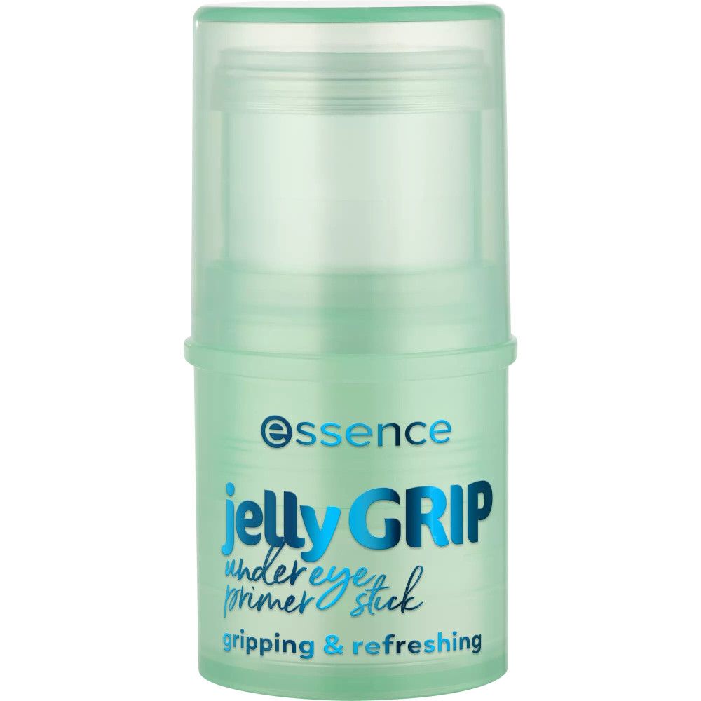 Groene primer stick met witte dop. Opschrift: essence jelly GRIP under eye primer stick gripping & refreshing.
