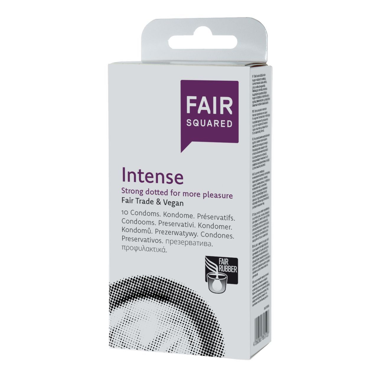 Verpakking Fair Squared Intense condooms, 10 stuks. Sterk gepunt voor meer genot. Fair Trade & Vegan.