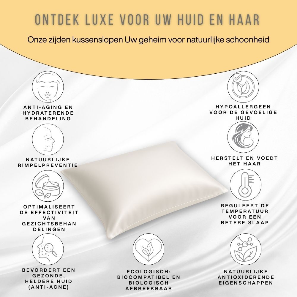 Crèmekleurige zijden kussensloop. Tekst en afbeeldingen met productvoordelen.