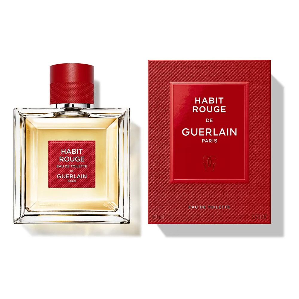 Glazen flacon en rode verpakking. Flacon: vierkant, rood-wit etiket. Verpakking: rood, witte tekst: Habit Rouge de Guerlain, Eau de Toilette.