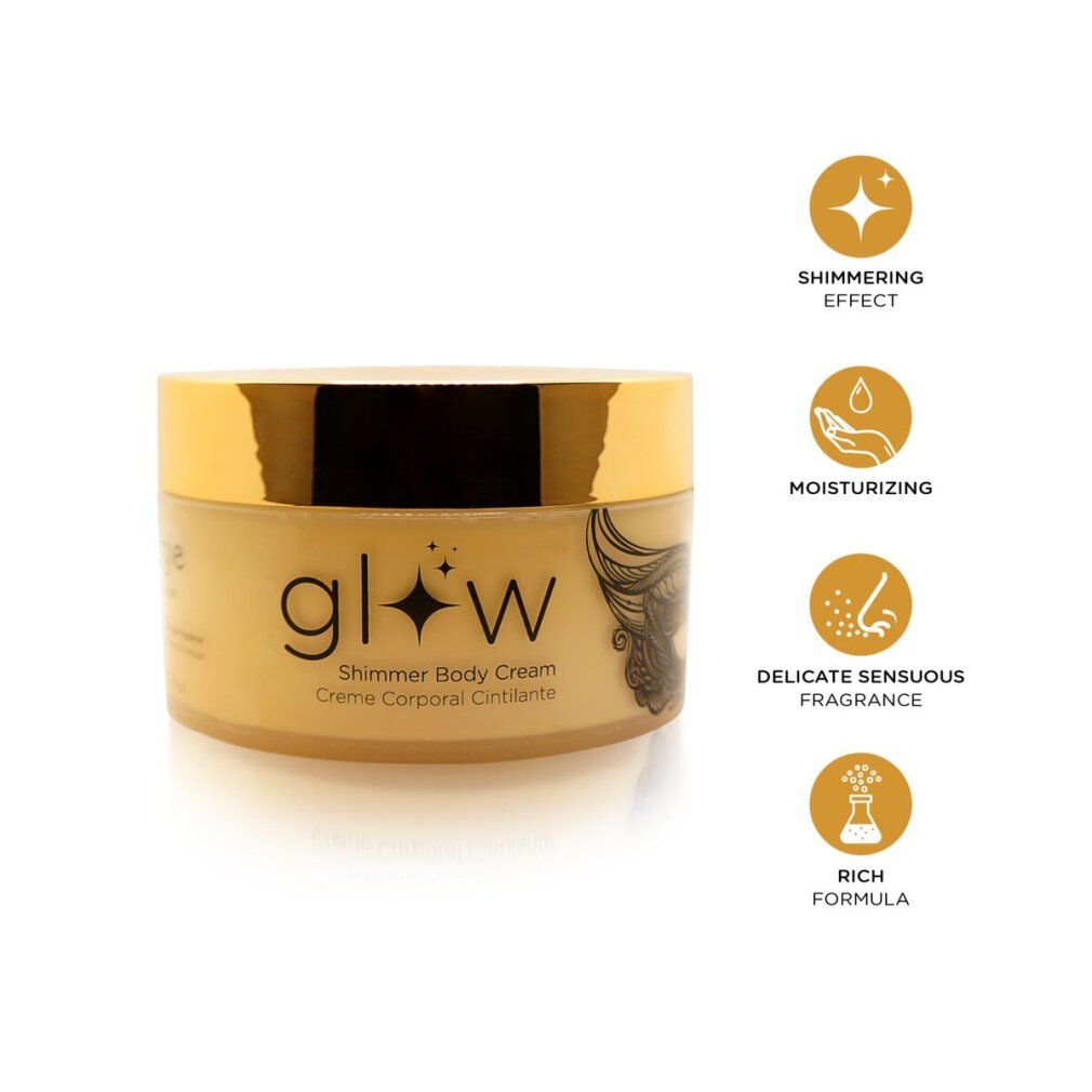 Beige crème in een ronde pot met gouden deksel. Opschrift "glow Shimmer Body Cream". Symbolen voor glans, hydratatie, geur en formule.