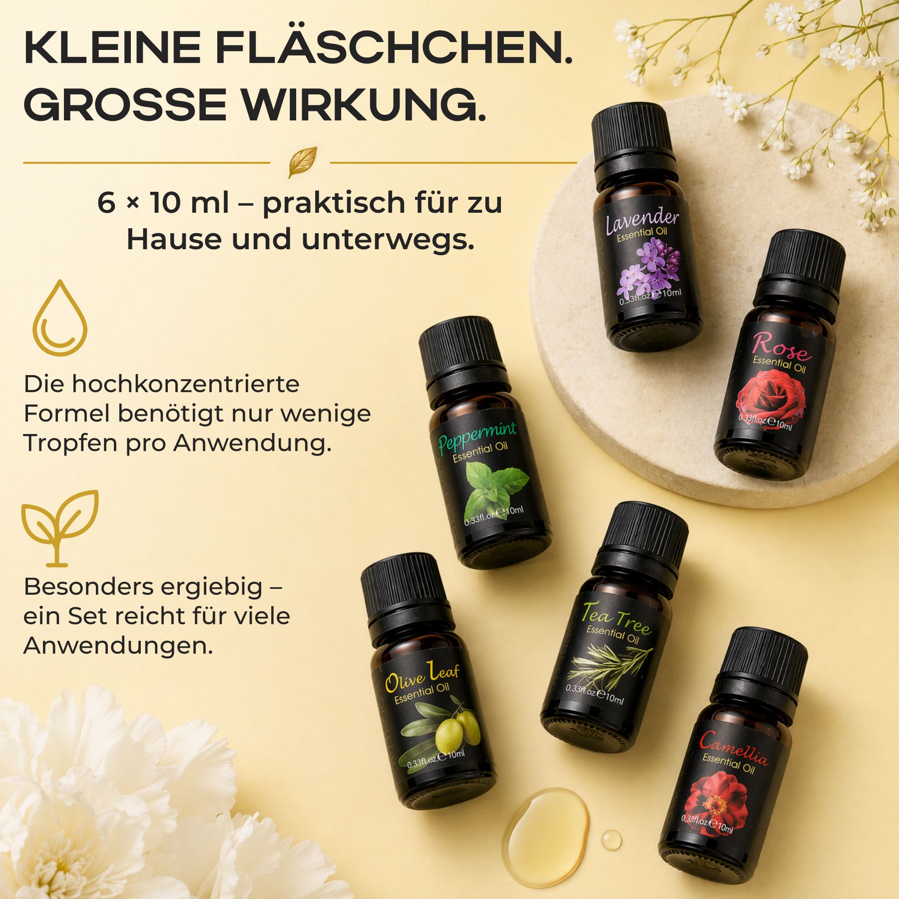 Six petites bouteilles en verre foncé d'huiles essentielles, étiquetées Lavande, Rose, Menthe poivrée, Arbre à thé, Feuille d'olivier et Camomille.