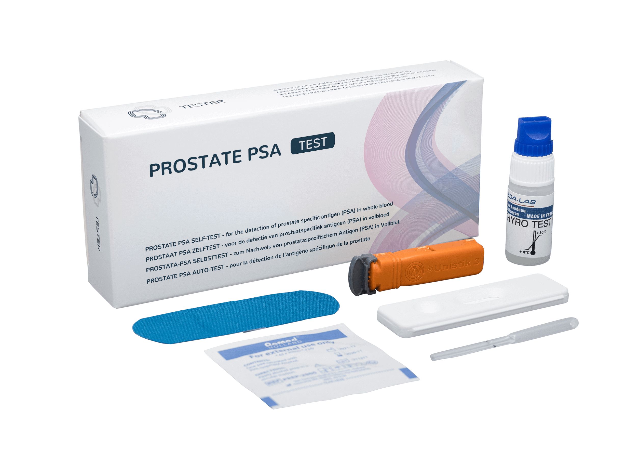 Kit de test PSA prostatique avec cassette, pipette, tube d'échantillon, tampon et instructions.