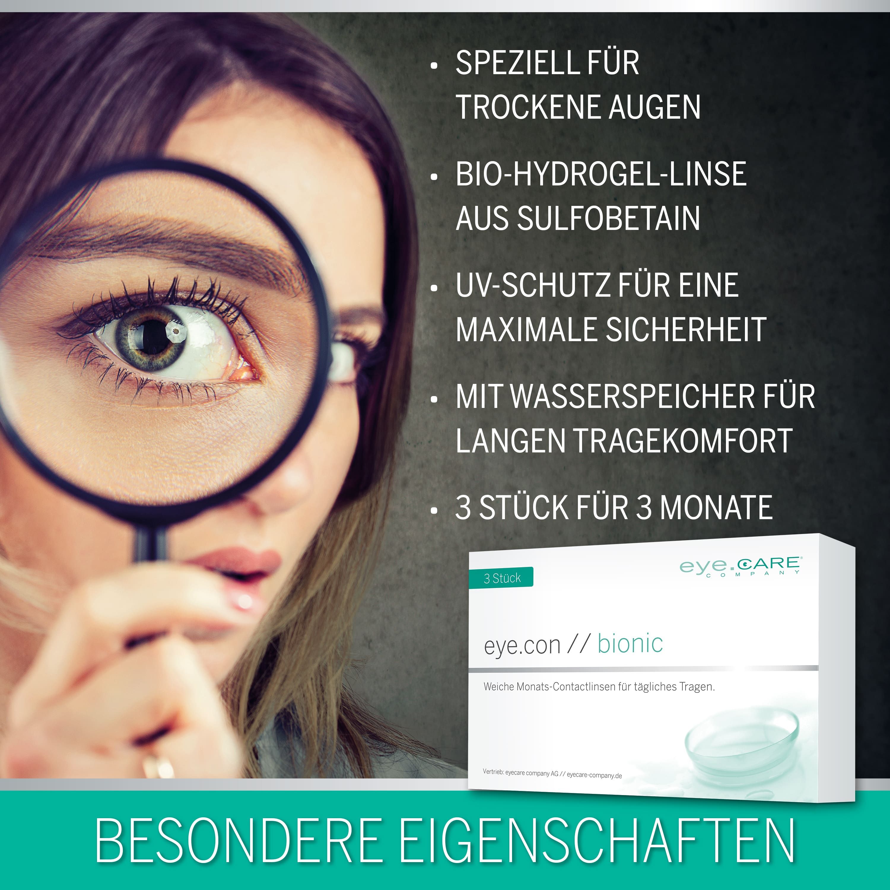 Vrouw met vergrootglas voor het oog, verpakking eye.con // bionic maandlenzen.