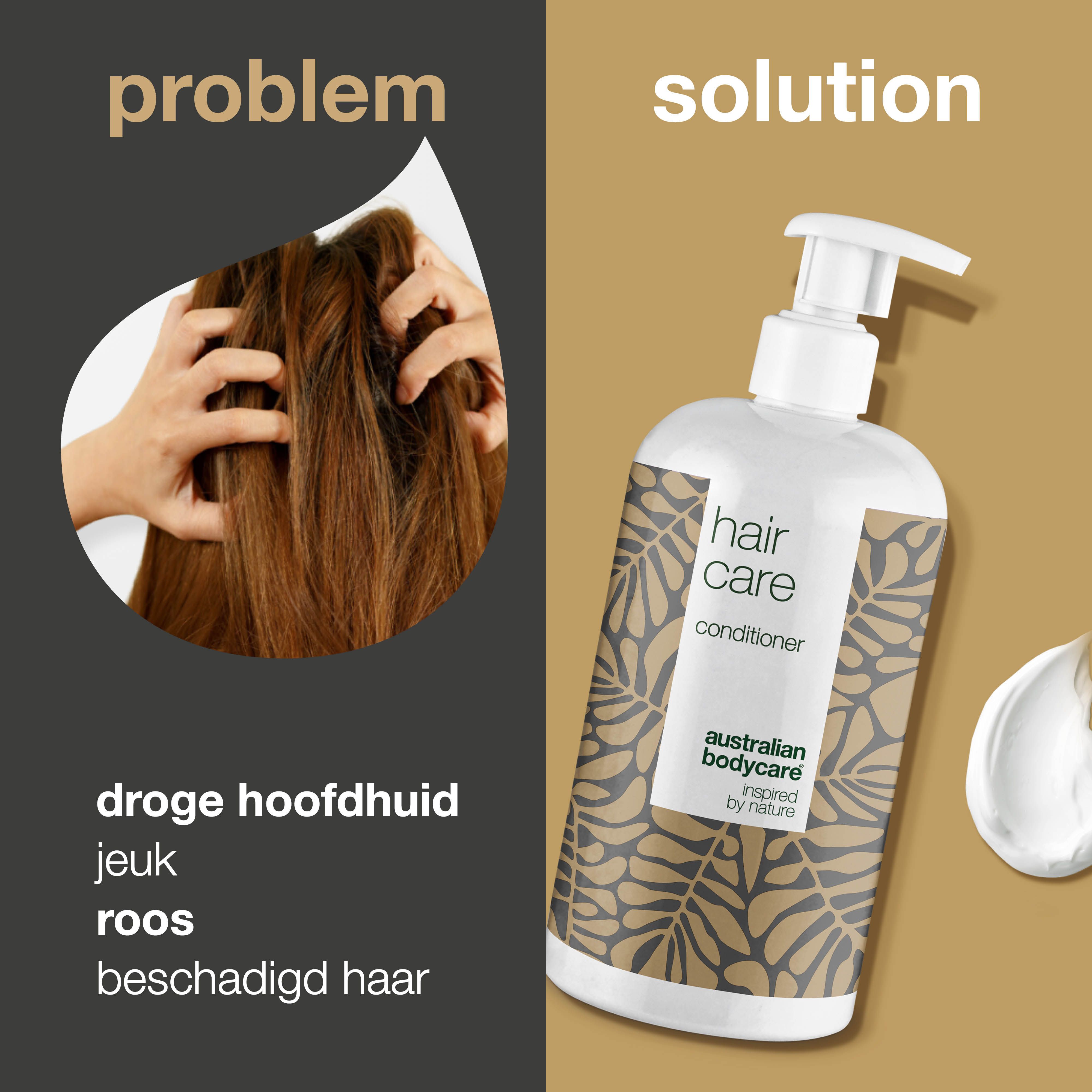 Vergelijking van hoofdhuidproblemen en oplossing. Fles conditioner met opschrift: Hair Care, Australian Bodycare.