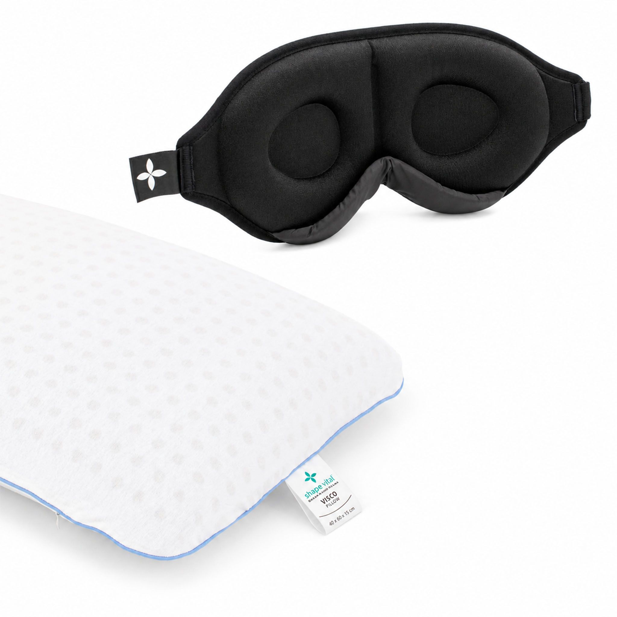 Oreiller ergonomique et masque de sommeil, oreiller blanc avec accents bleus, masque noir.