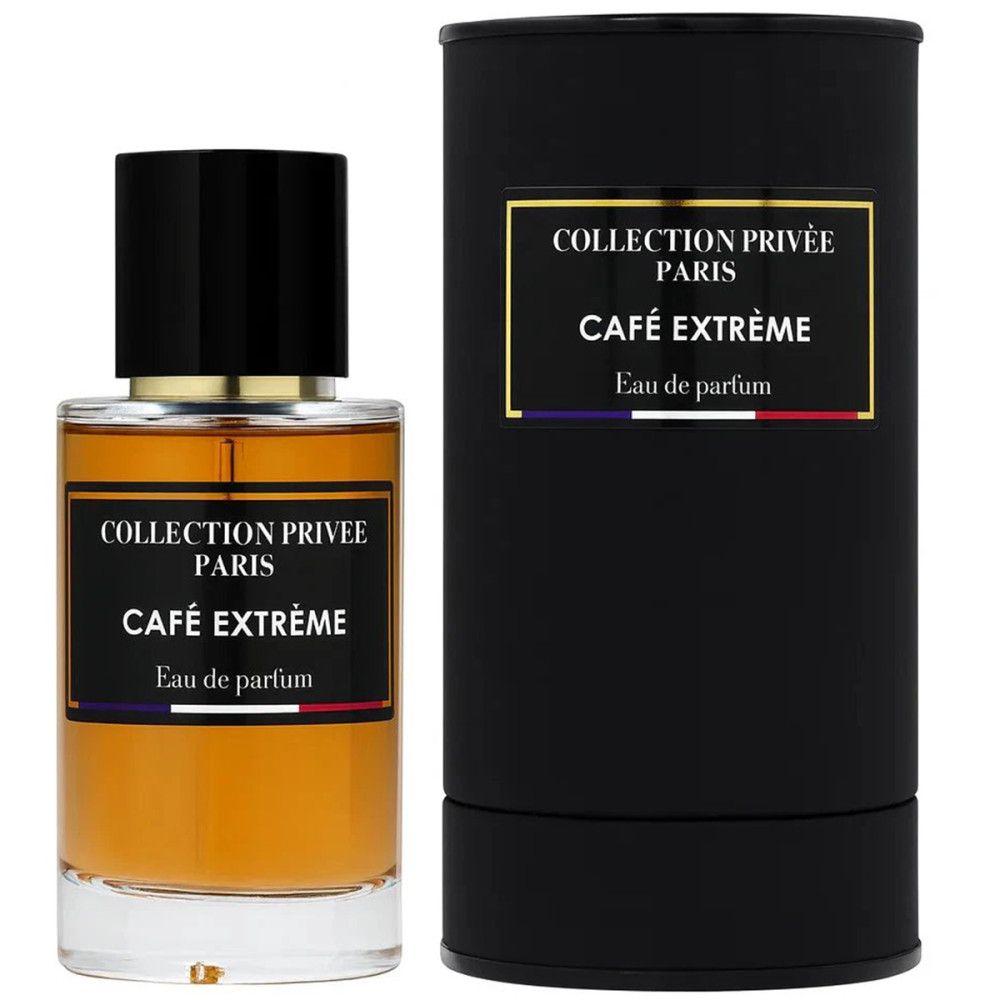 Flacon de parfum et emballage cylindrique noir. Texte: Collection Privée Paris, Café Extrême, Eau de parfum.
