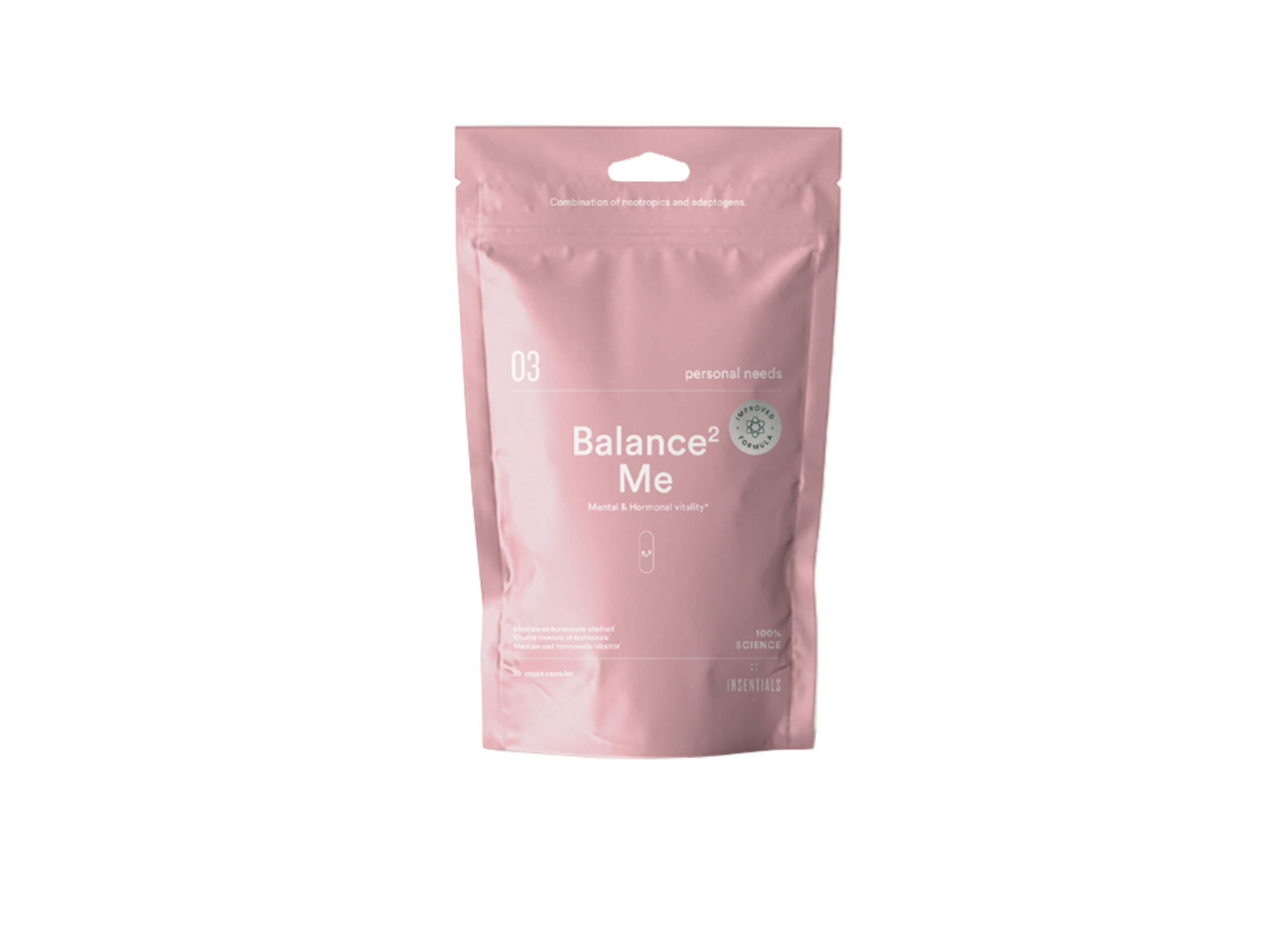 Roze stazak met opdruk "Balance+ Me". Ophanggat bovenaan. Tekst: "G3", "Balance+ Me", "Skin & Hormone Balance".