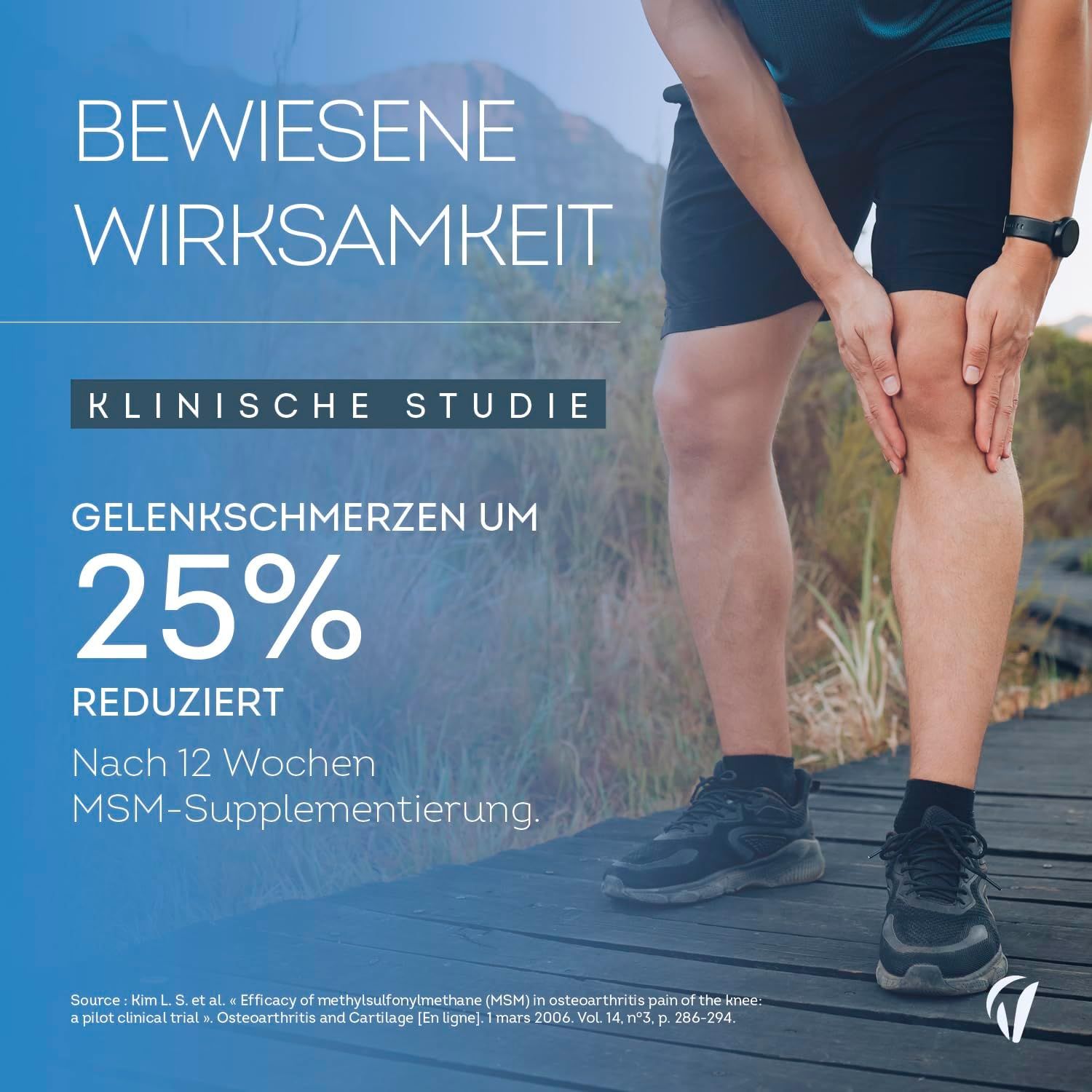 Homme avec douleur au genou. Texte: Réduction de 25% des douleurs articulaires après 12 semaines de supplémentation en MSM.