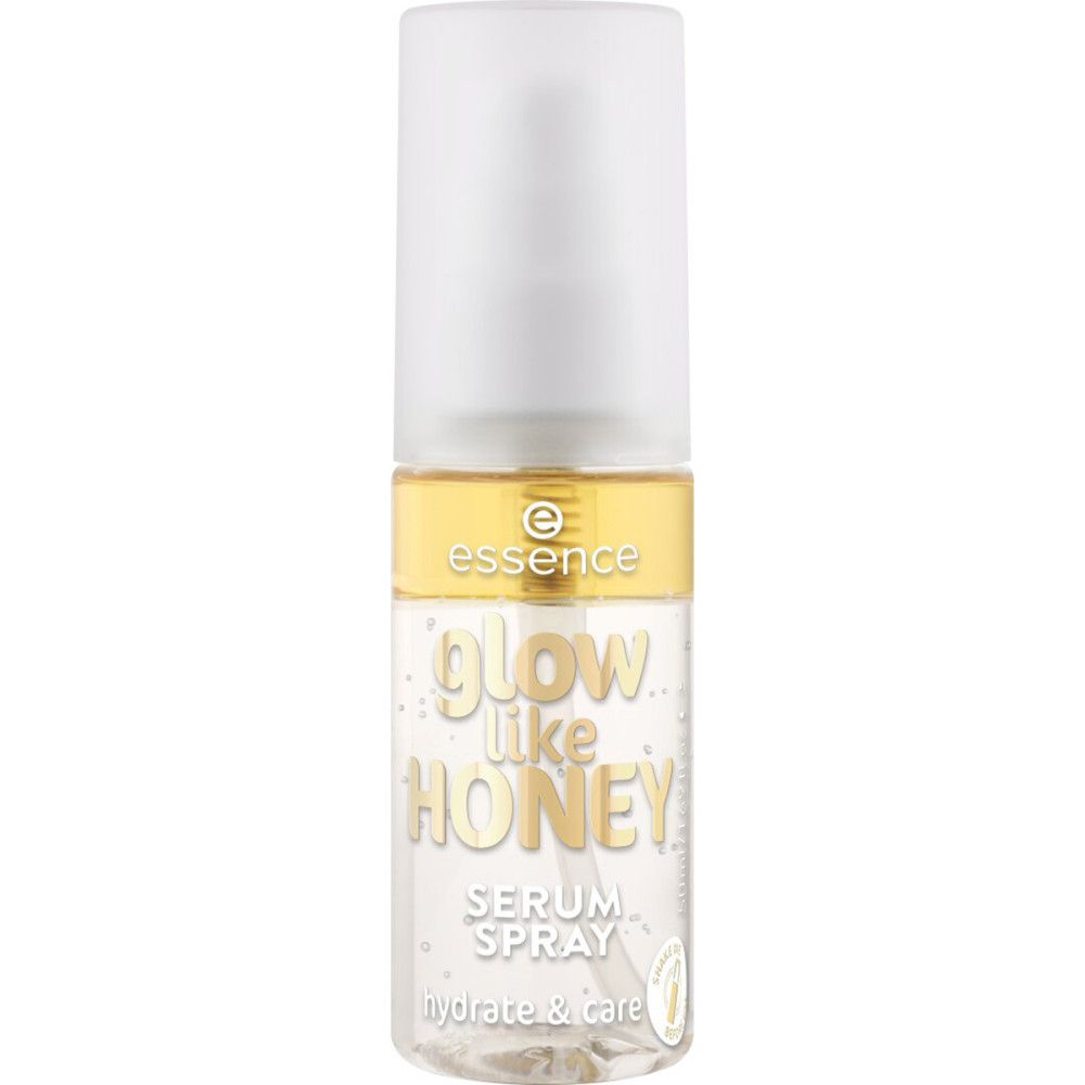 Essence Sérum Spray Glow Like Honey. Flacon transparent, bouchon blanc. Anneau doré avec logo de la marque.
