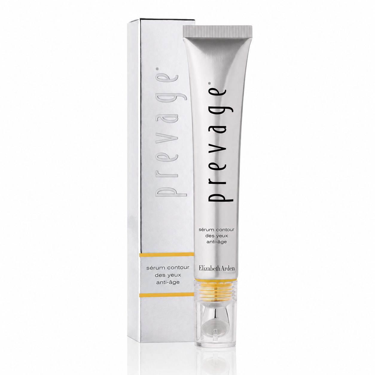 Tube argenté avec sérum contour des yeux anti-âge Prevage et emballage argenté.