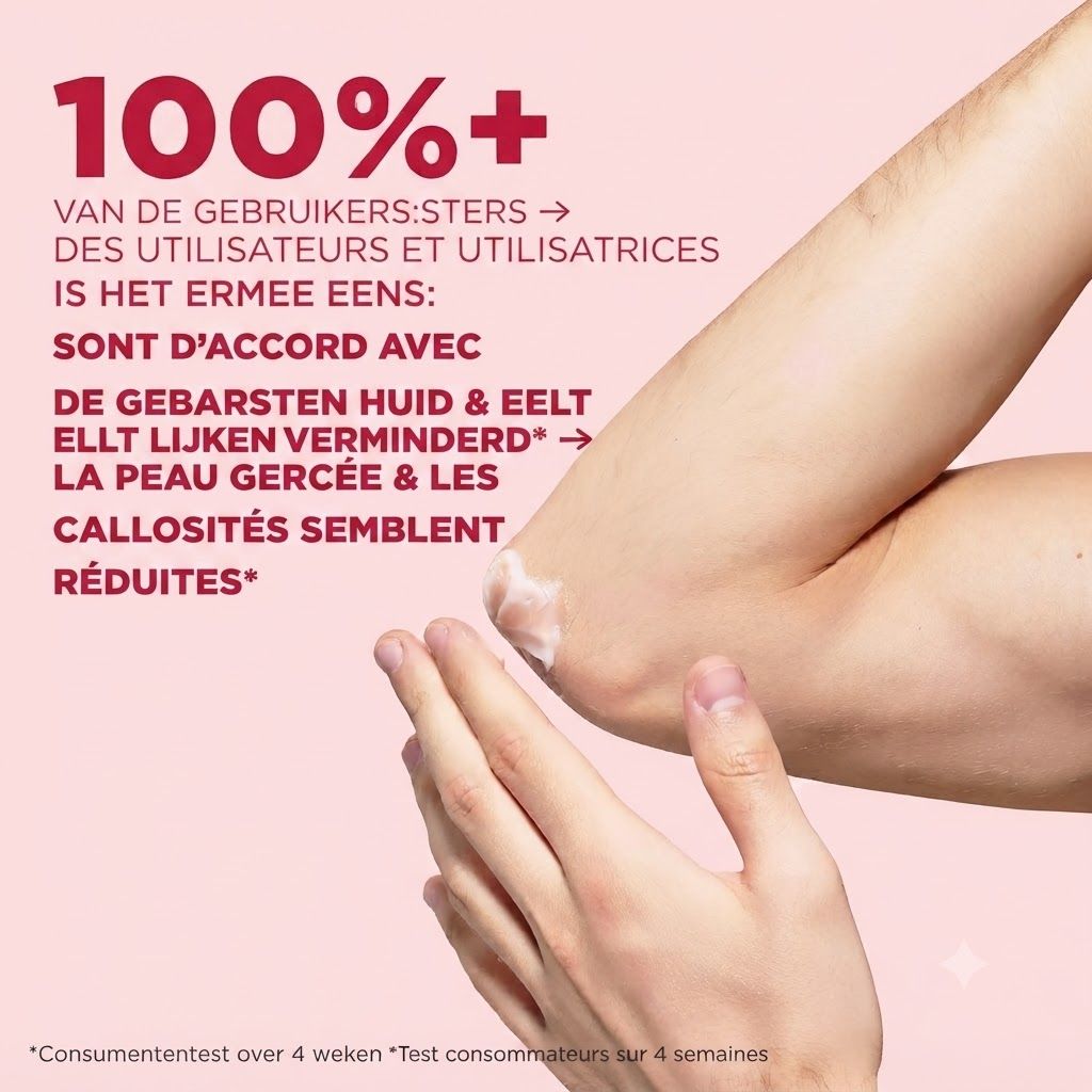 Coude avec crème appliquée, texte sur l'amélioration de la peau.