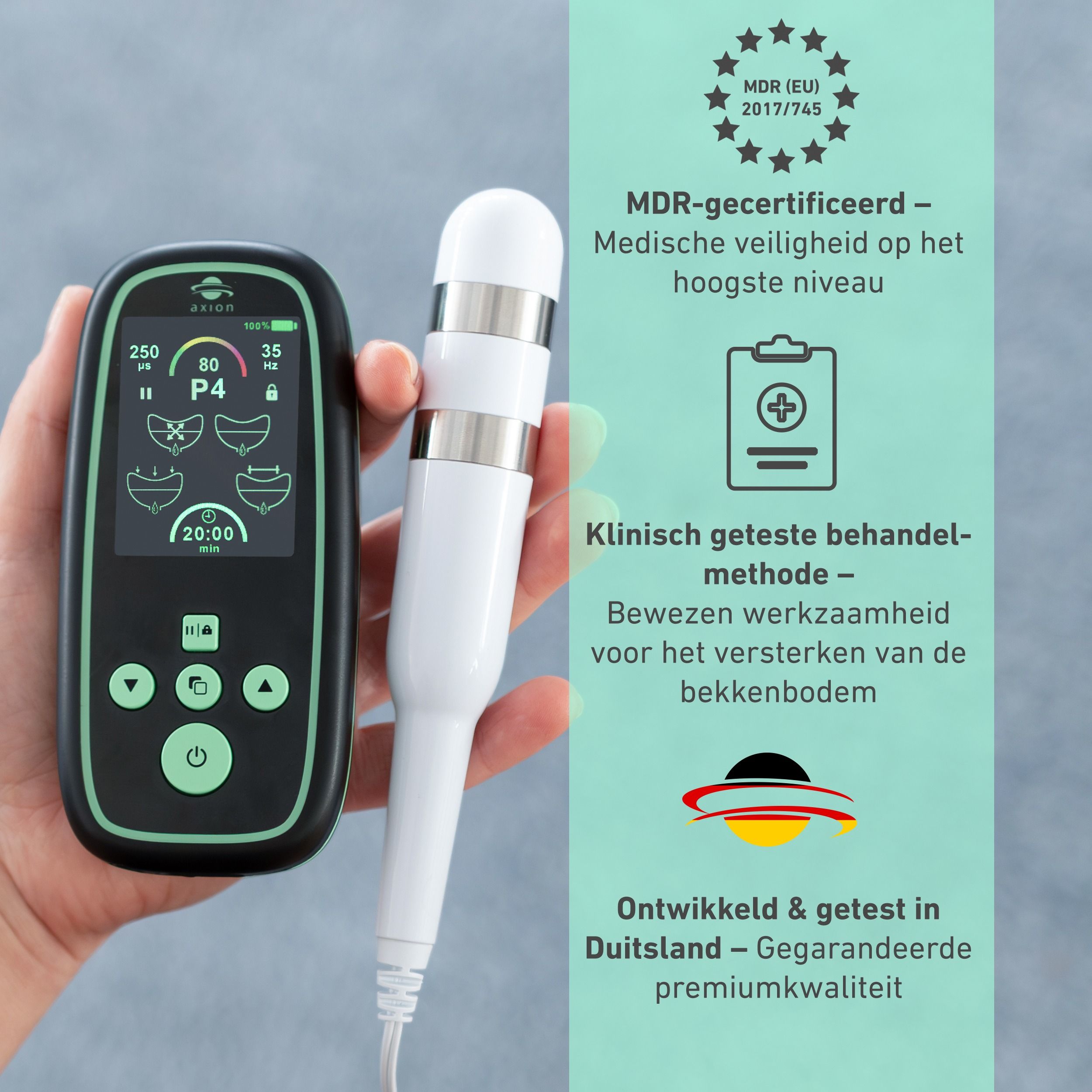 axion® I-3000 bekkenbodemtrainer met accessoires. MDR-certificering. Klinisch geteste behandelmethode.